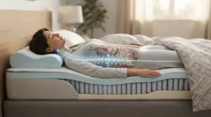 An orthopaedic mattress for back sleepers demonstrating proper spinal alignment during the night